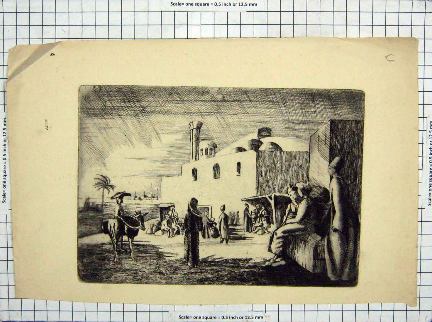 Original Old Antique Print People Buildings Architecture