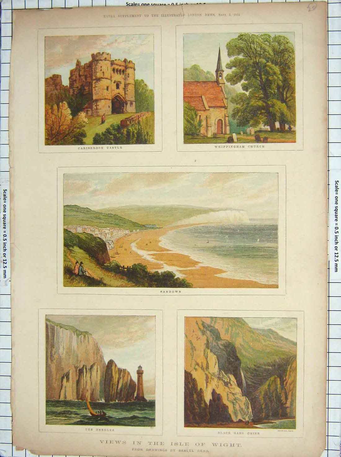 Old Antique Print Isle Wight Carisbrook Castle Whippingham Church Sandown