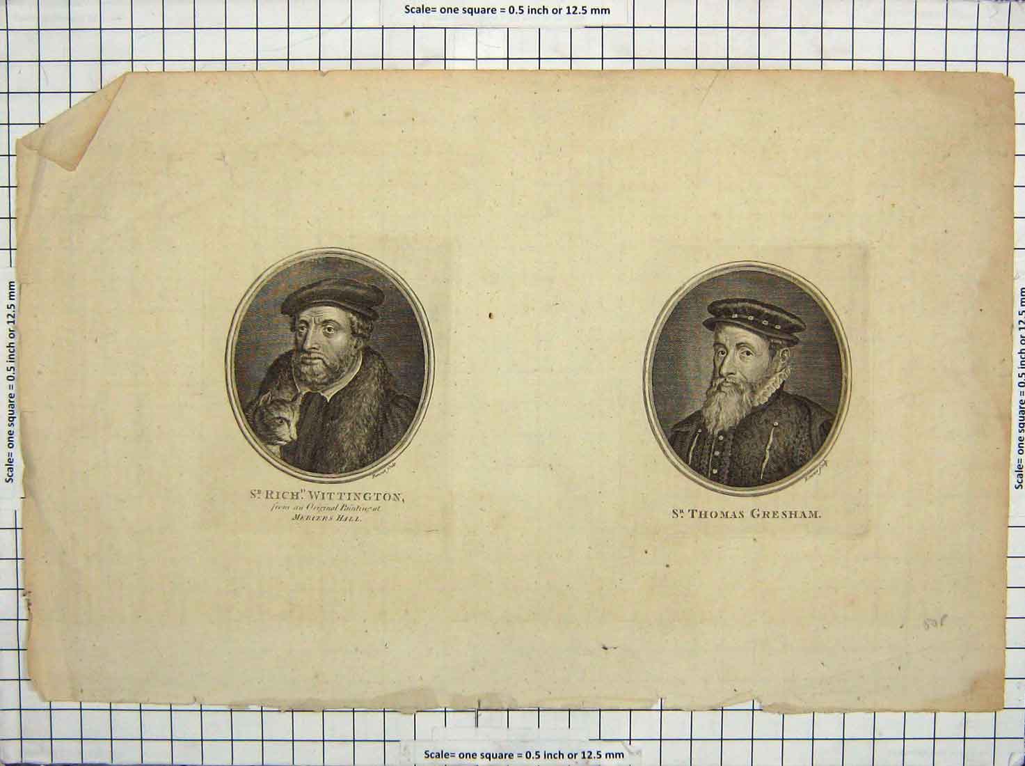 Original Old Antique Print Richard Whittington Sir Thoma Gresham Mercers Hall