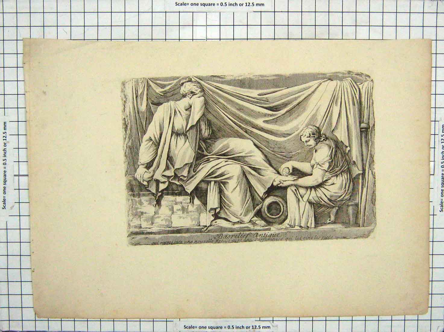 Original Old Antique Print Basrelief Lady Washing Feet