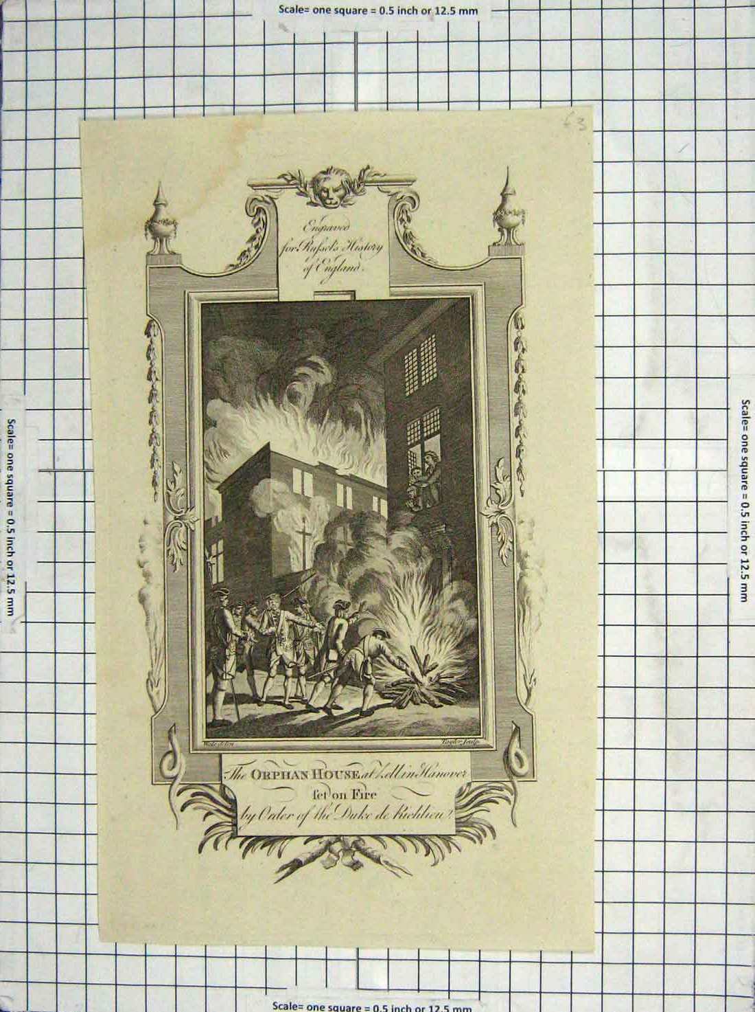 Original Old Antique Print Orphans House Hanover Fire Duke Richlieu