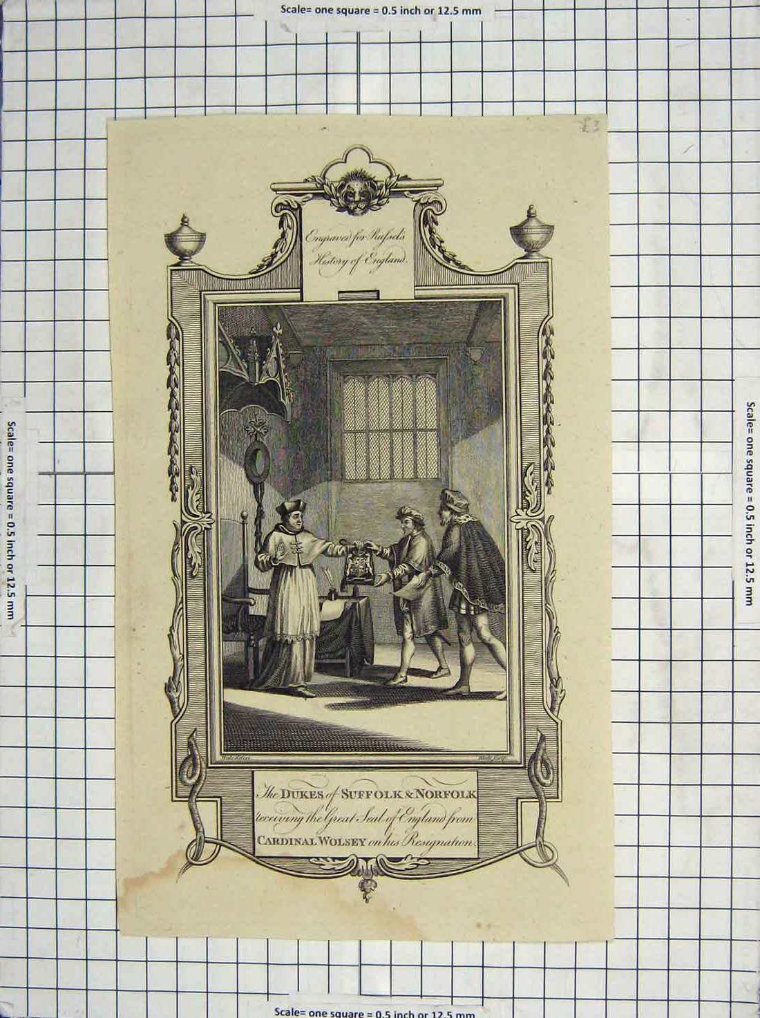 Original Old Antique Print Duke Suffolk Norfolk Seal England Cardinal Wolsey
