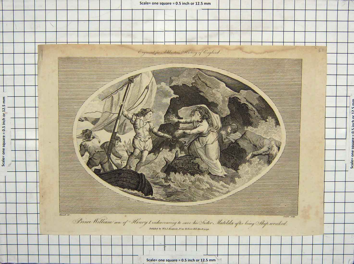 Original Old Antique Print Prince William Son King Henry Matilda Shipwrecked