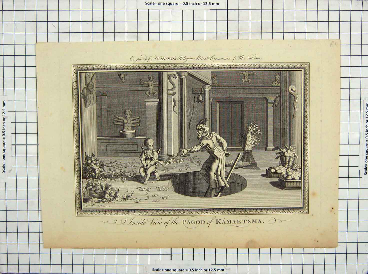 Original Old Antique Print Inside View Pagod Kamaetsma Engraving Hurds