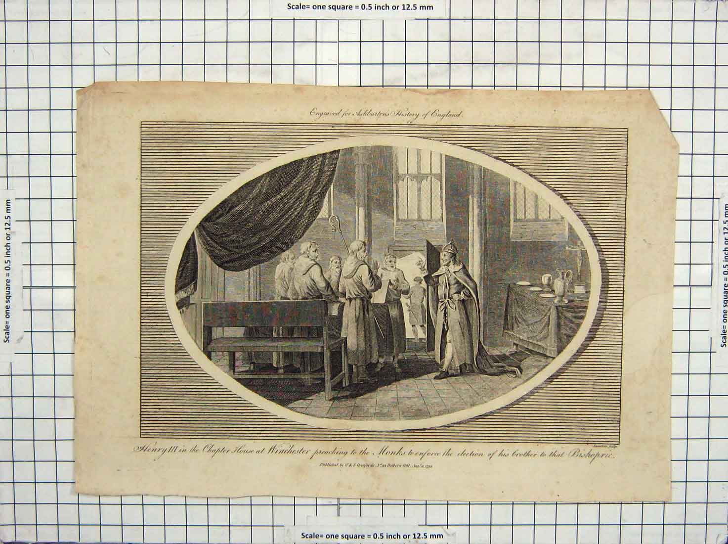 Original Old Antique Print 1792 King Henry Chapter House Winchester Monks 18th