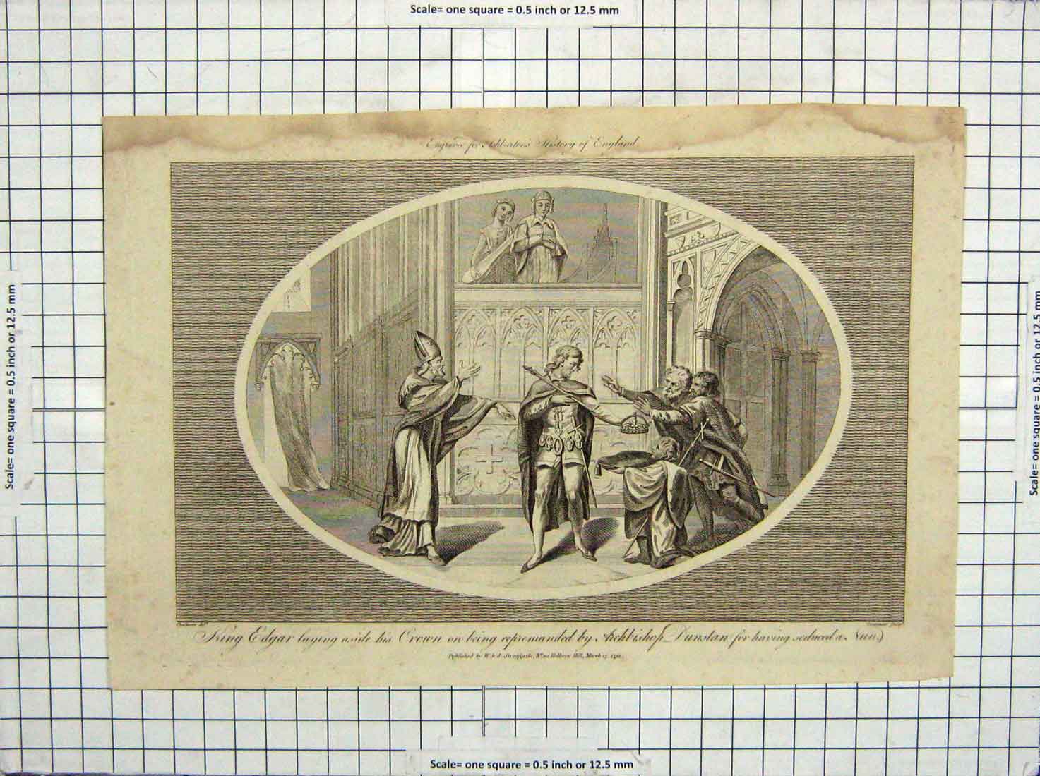 Original Old Antique Print 1792 King Edgar Crown Archbishop Dunstan Nun 18th