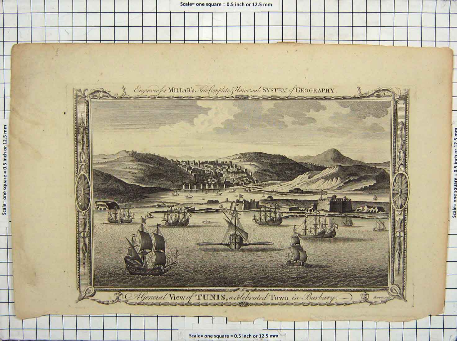 Original Old Antique Print View Tunis Town Barbary Ships Millars Geography