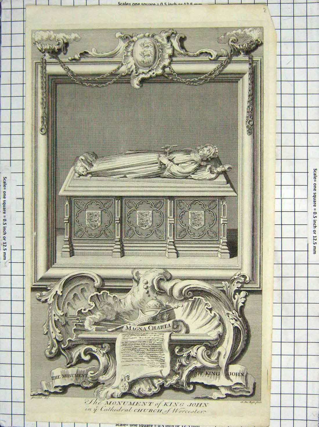 Original Old Antique Print Monument King John Cathedral Church Worcester