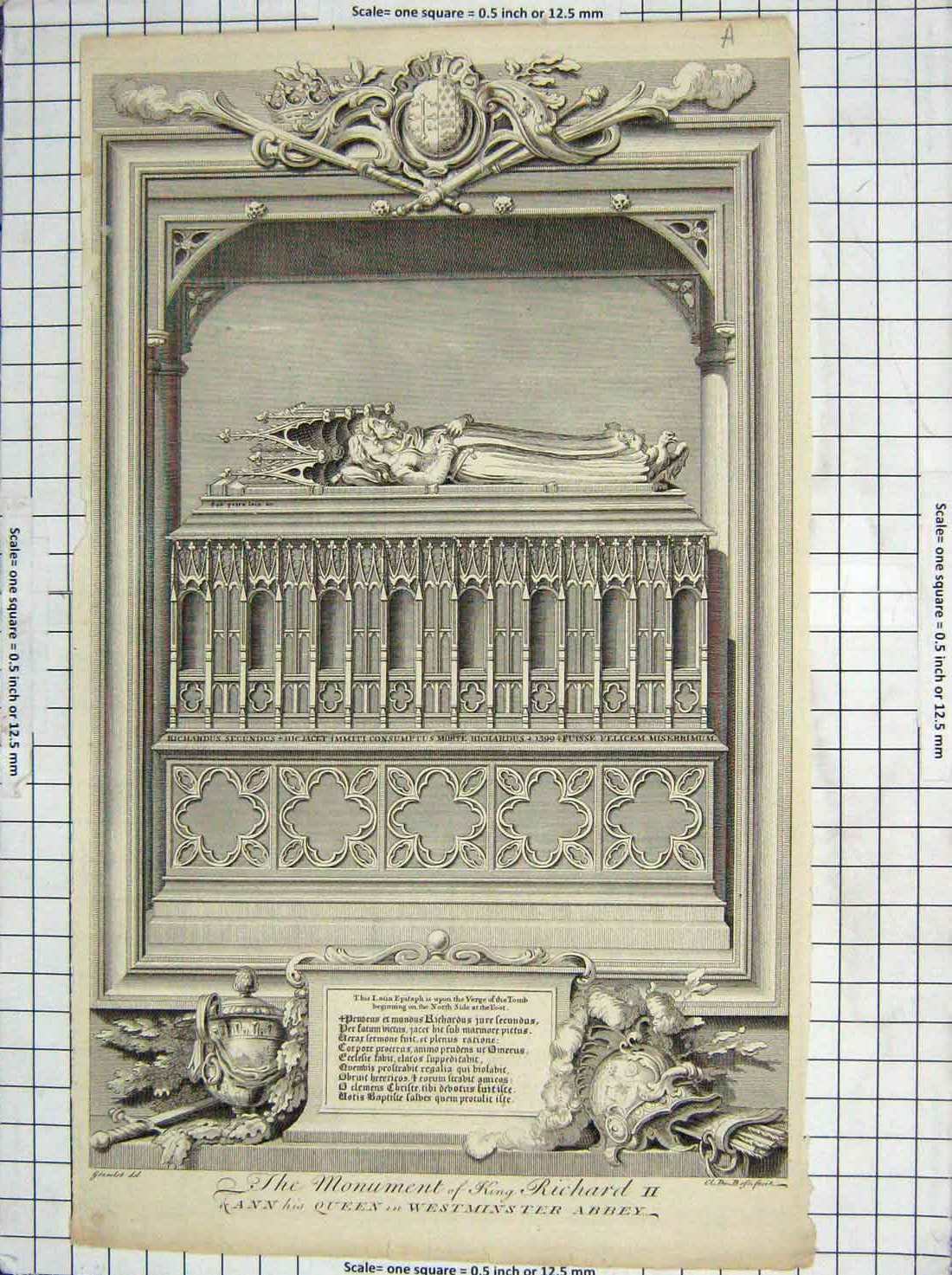 Original Old Antique Print Monument King Richard Queen Westminster Abbey London