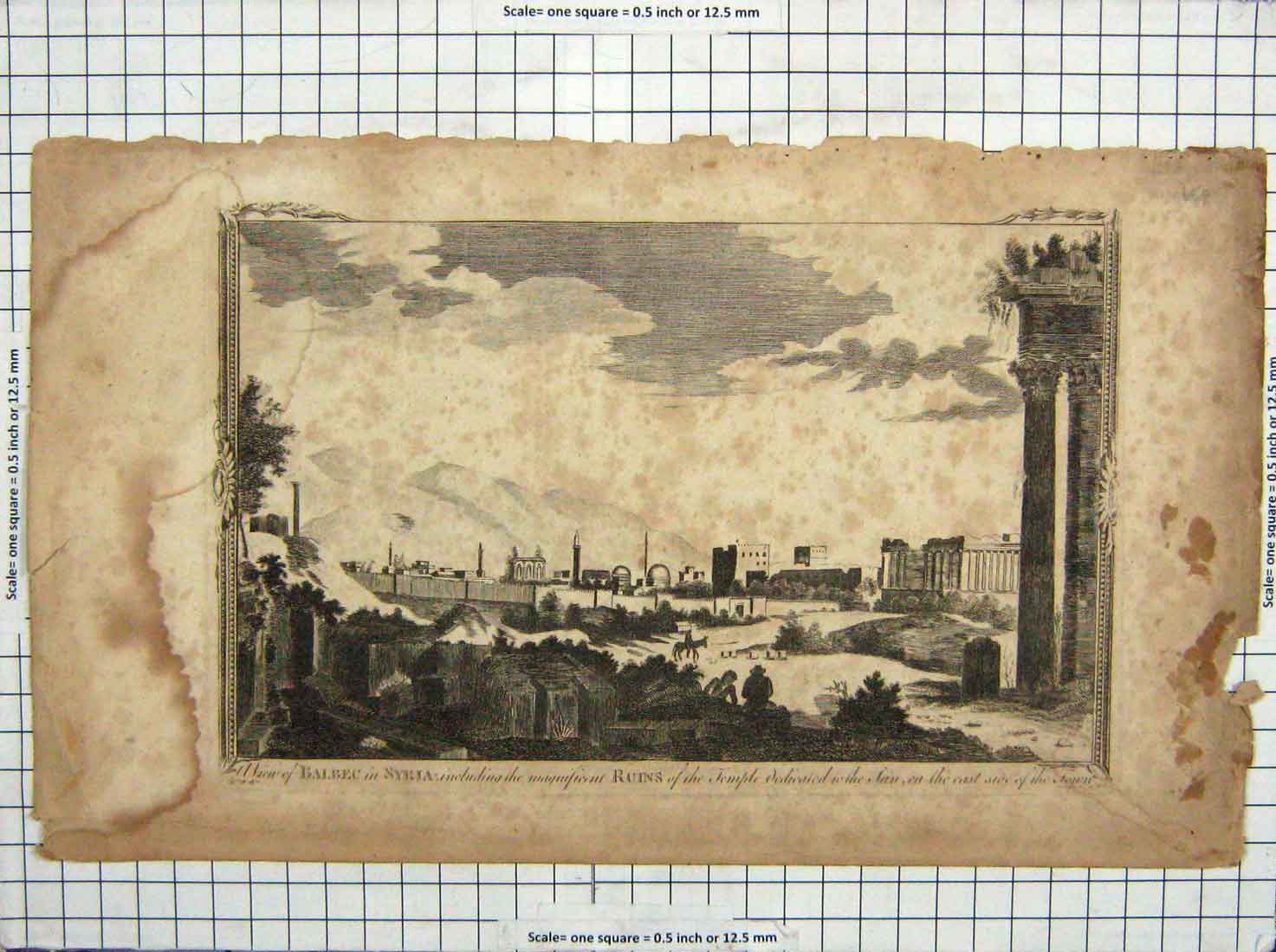 Old Antique Print View Balbec Syria Ruins Temple Architecture Mountains