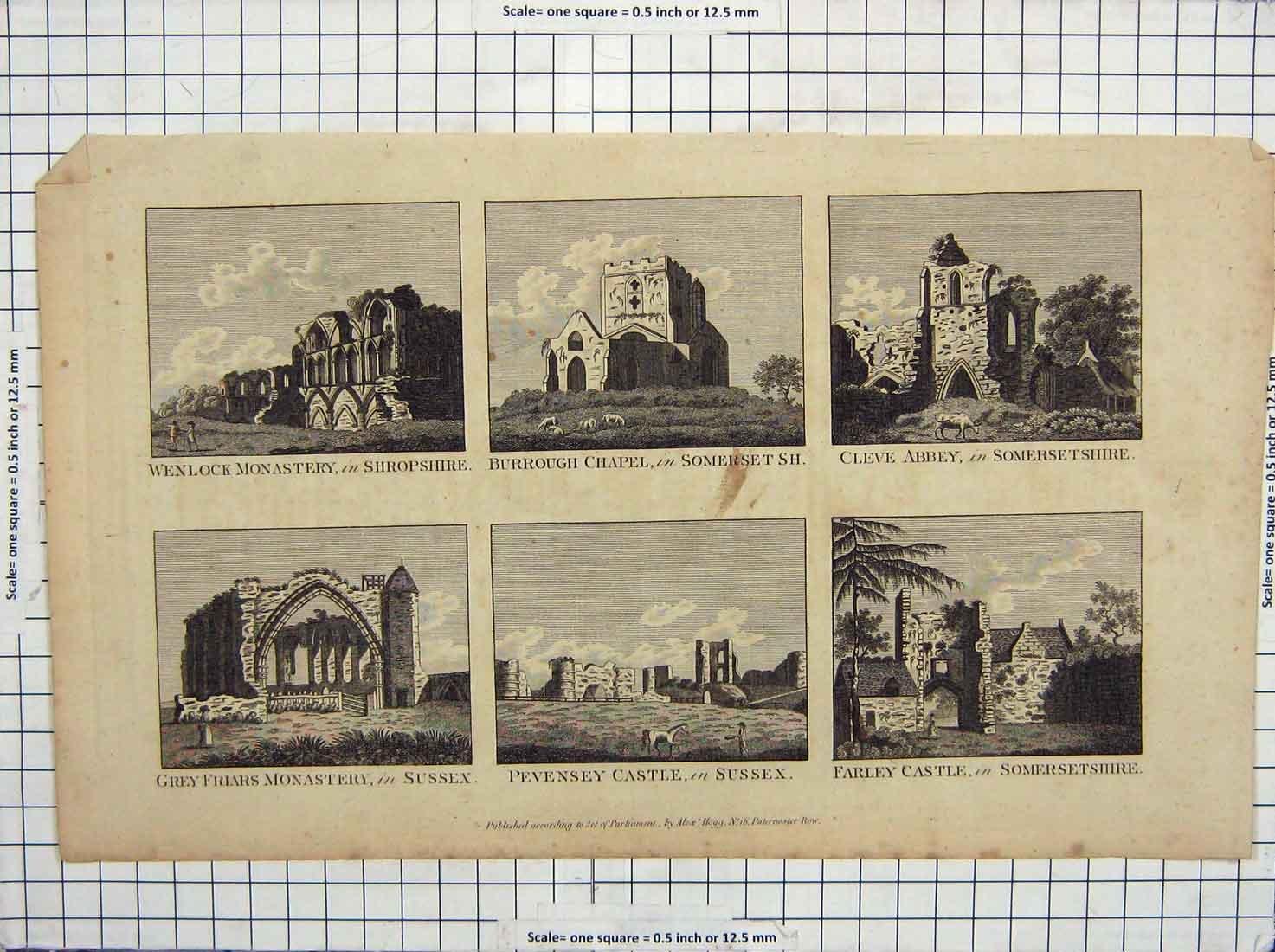 Old Antique Print Wenlock Monastery Burrough Castle Cleve Abbey Pevensey