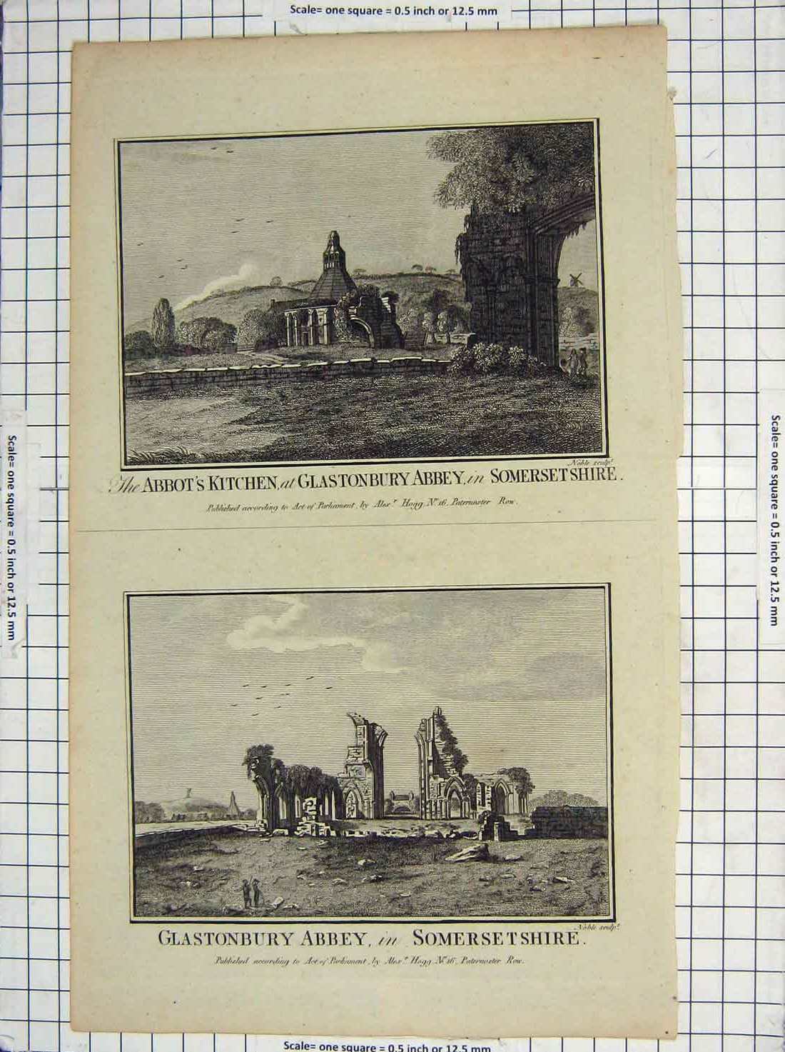 Original Old Antique Print Abbot'S Kitchen Glastonbury Abbey Somersetshire