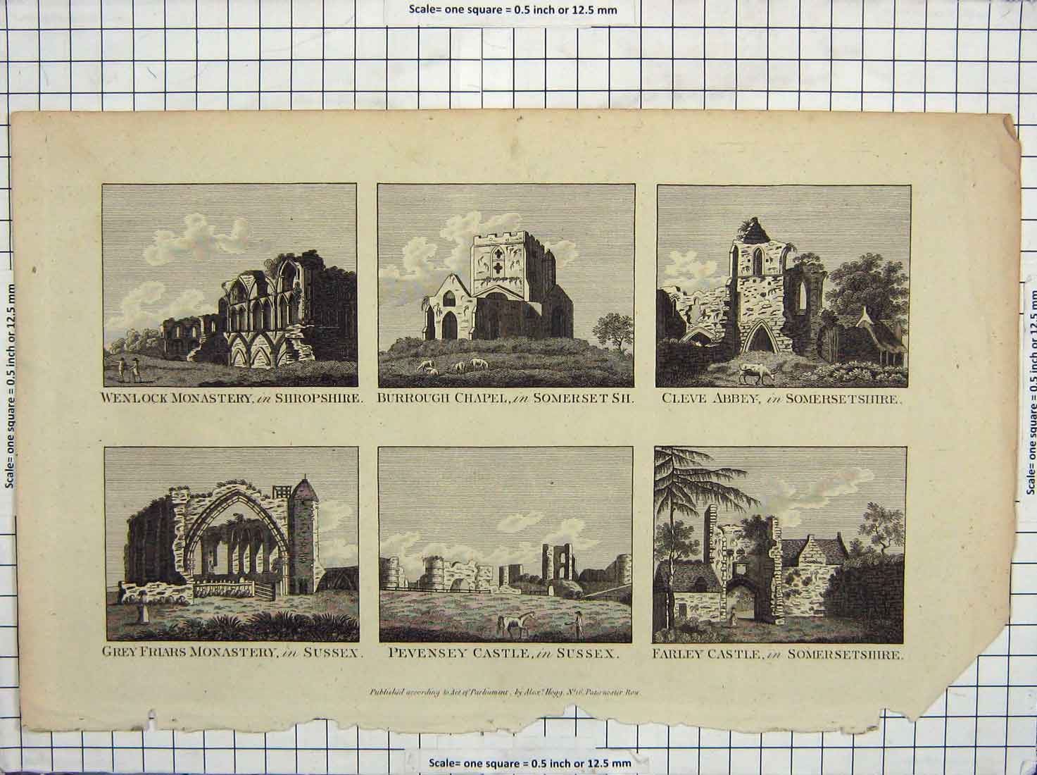 Antique Old Print *966 Wenlock Monastery Burrough Castle Cleve Abbey Pevensey