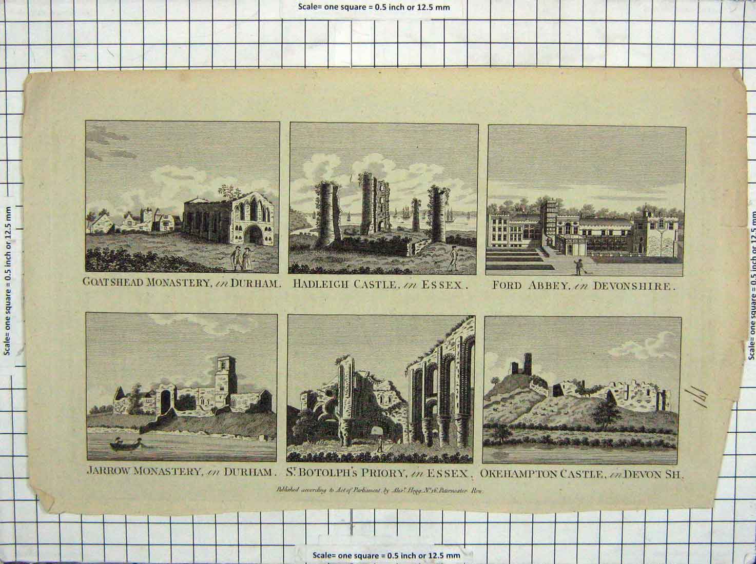 Old Antique Print Goatshed Monastery Hadleigh Castle Ford Abbey Botolph