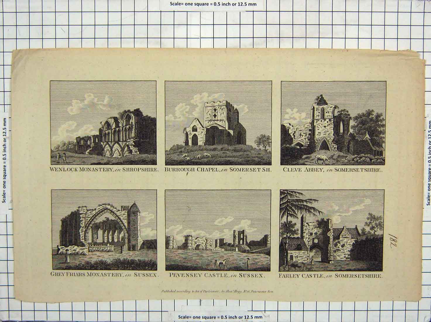 Antique Old Print *968 Wenlock Monastery Burrough Castle Cleve Abbey Pevensey