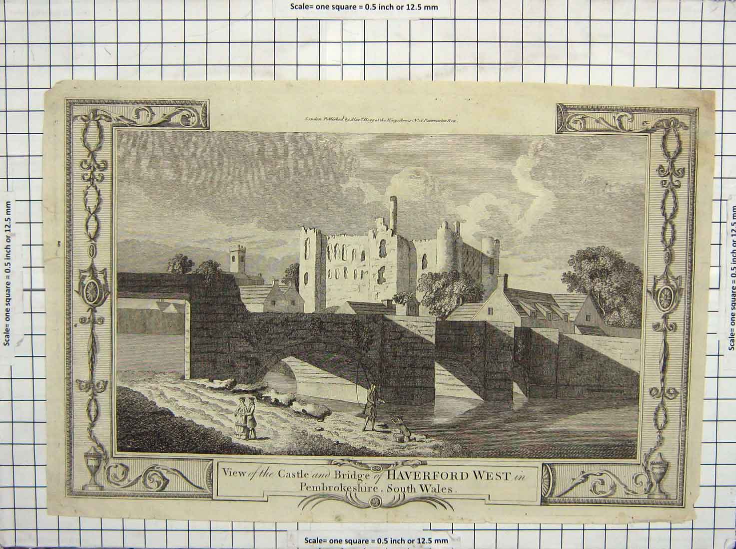 Original Old Antique Print View Castle Bridge Haverford Pembrokeshire Wales