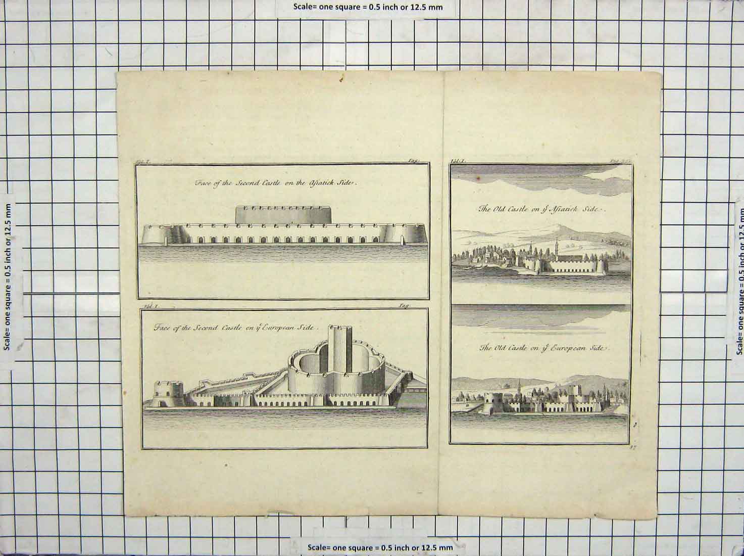Original Old Antique Print Castle European Asiatick Architecture
