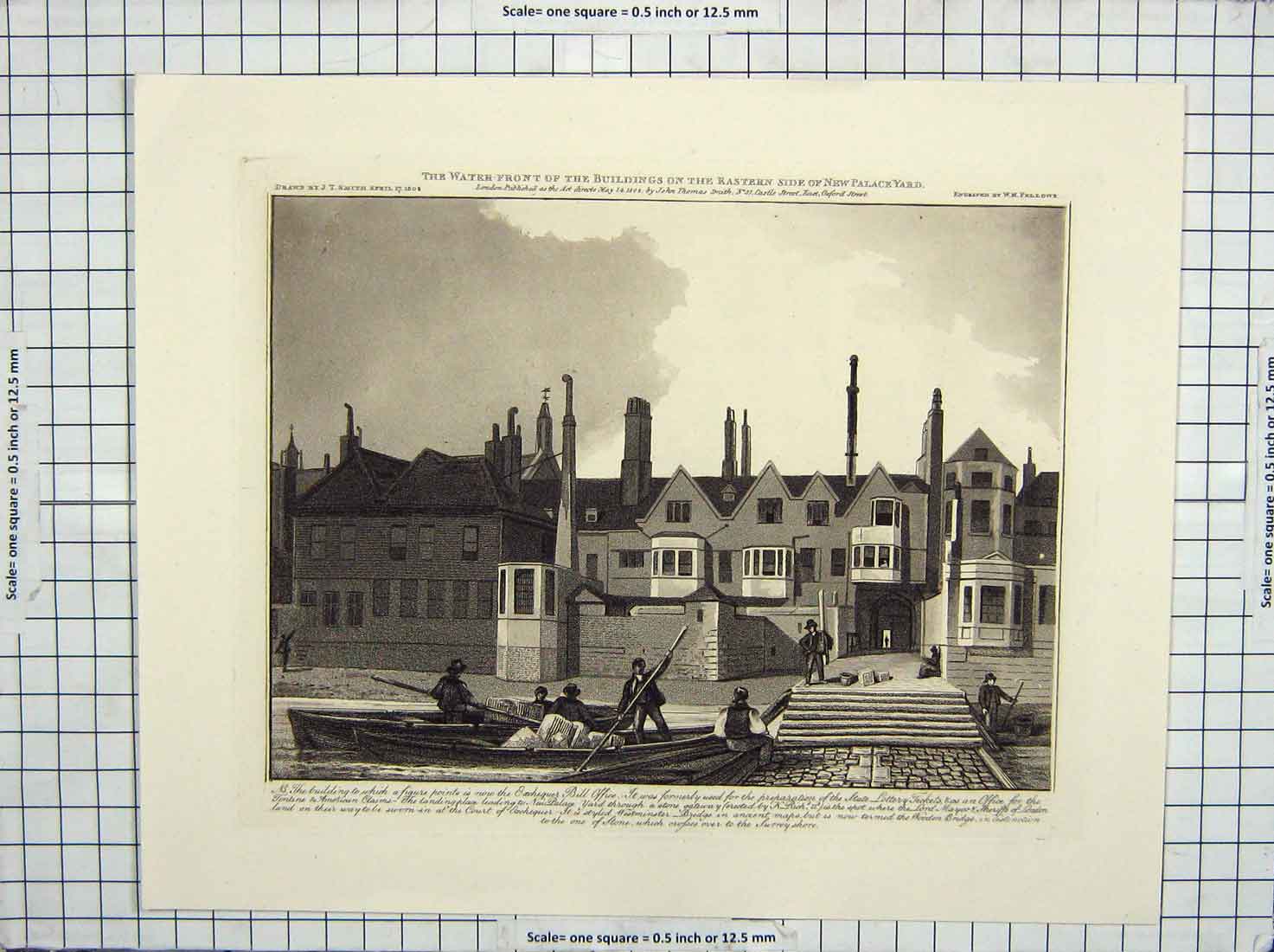 Original Old Antique Print Water-Front Buildings Eastern Side Palace Yard Boats