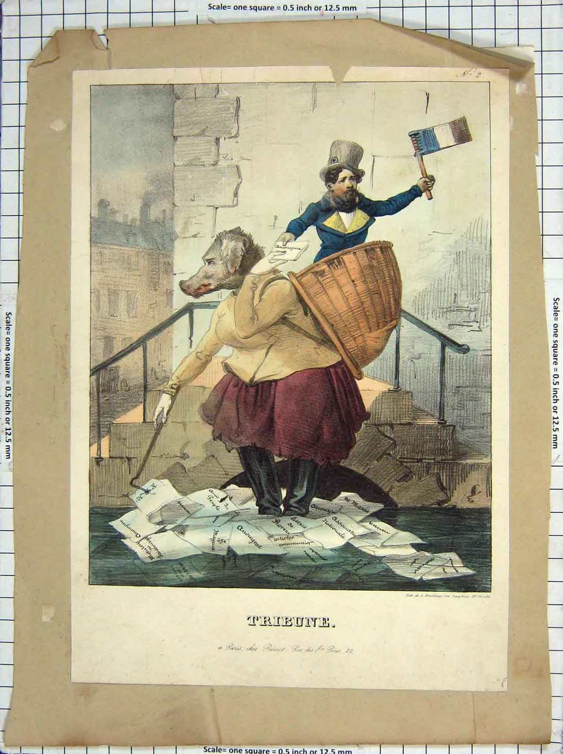 Original Old Antique Print Comedy Scene Man Dog Costume Litter Cleaner Street