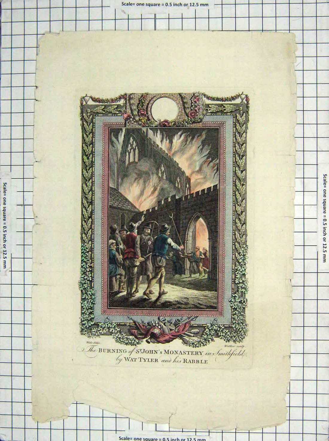 Original Old Antique Print Burning St. John Monastery Wat Tyler Rabble Fire