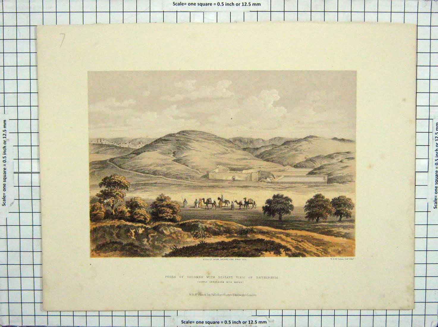 Original Old Antique Print Pools Solomon Distant View Bethlehem Colour