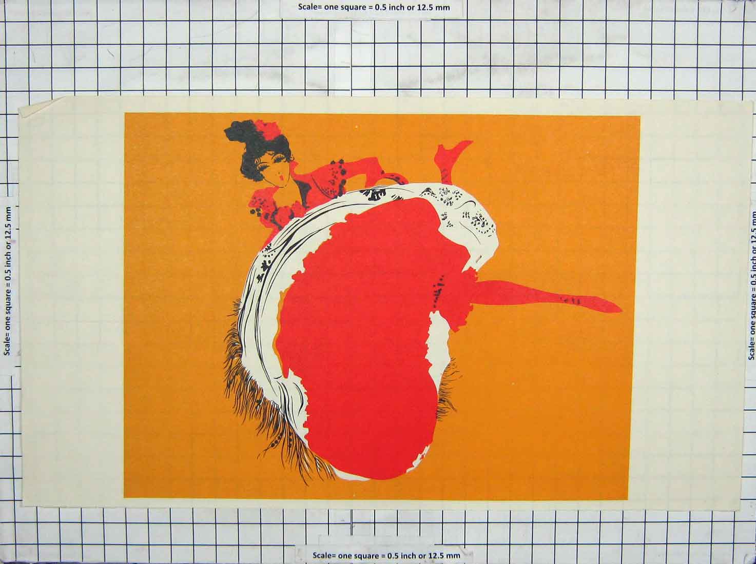 Original Old Antique Print Colour Lady Dancer Dress Orange Red