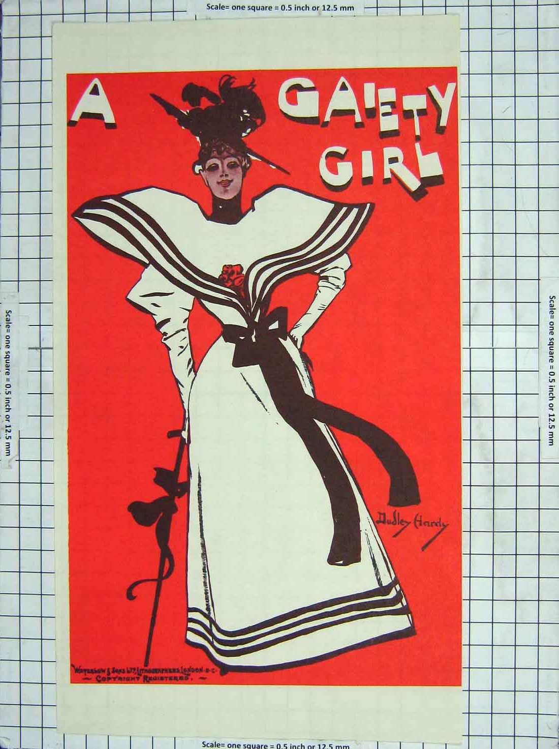 Original Old Antique Print Red Black And White Lady Gaiety Girl Hardy