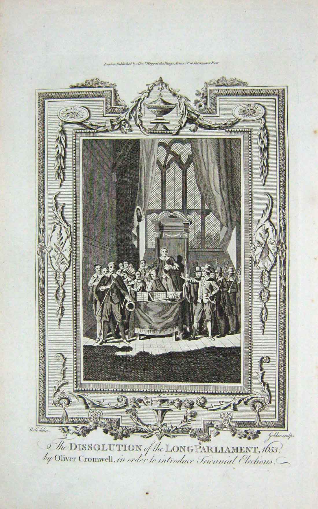 Original Old Antique Print 1653 Scene Dissolution Parliament Oliver Cromwell