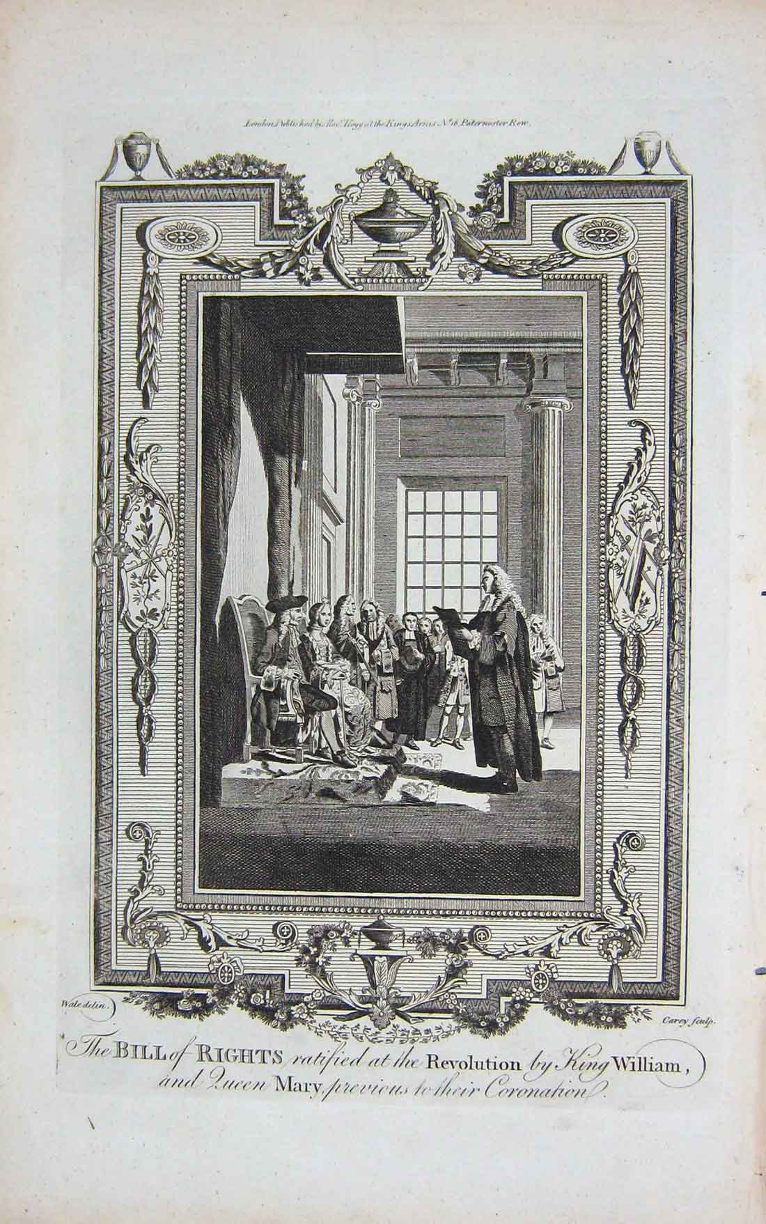 Original Old Antique Print Bill Rights Revolution King William Mary Coronation