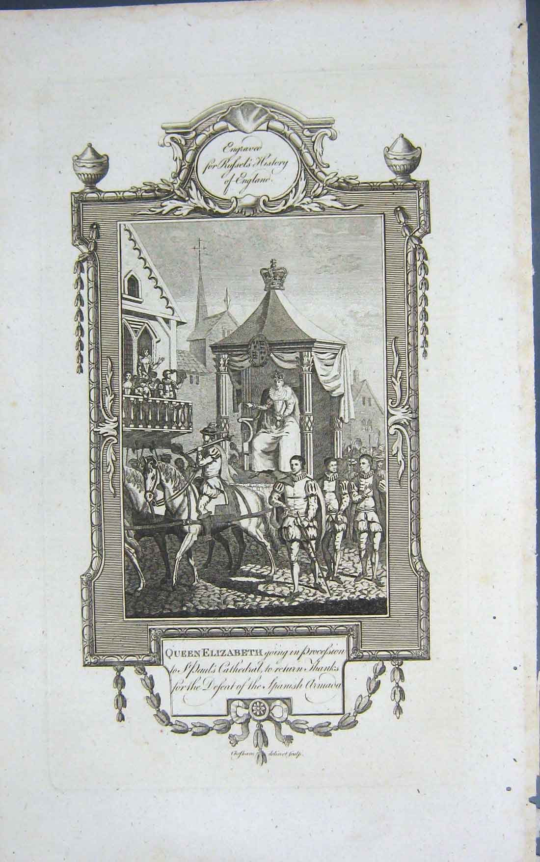 Original Old Antique Print Procession Queen Elizabeth Defeat Spanish Armada