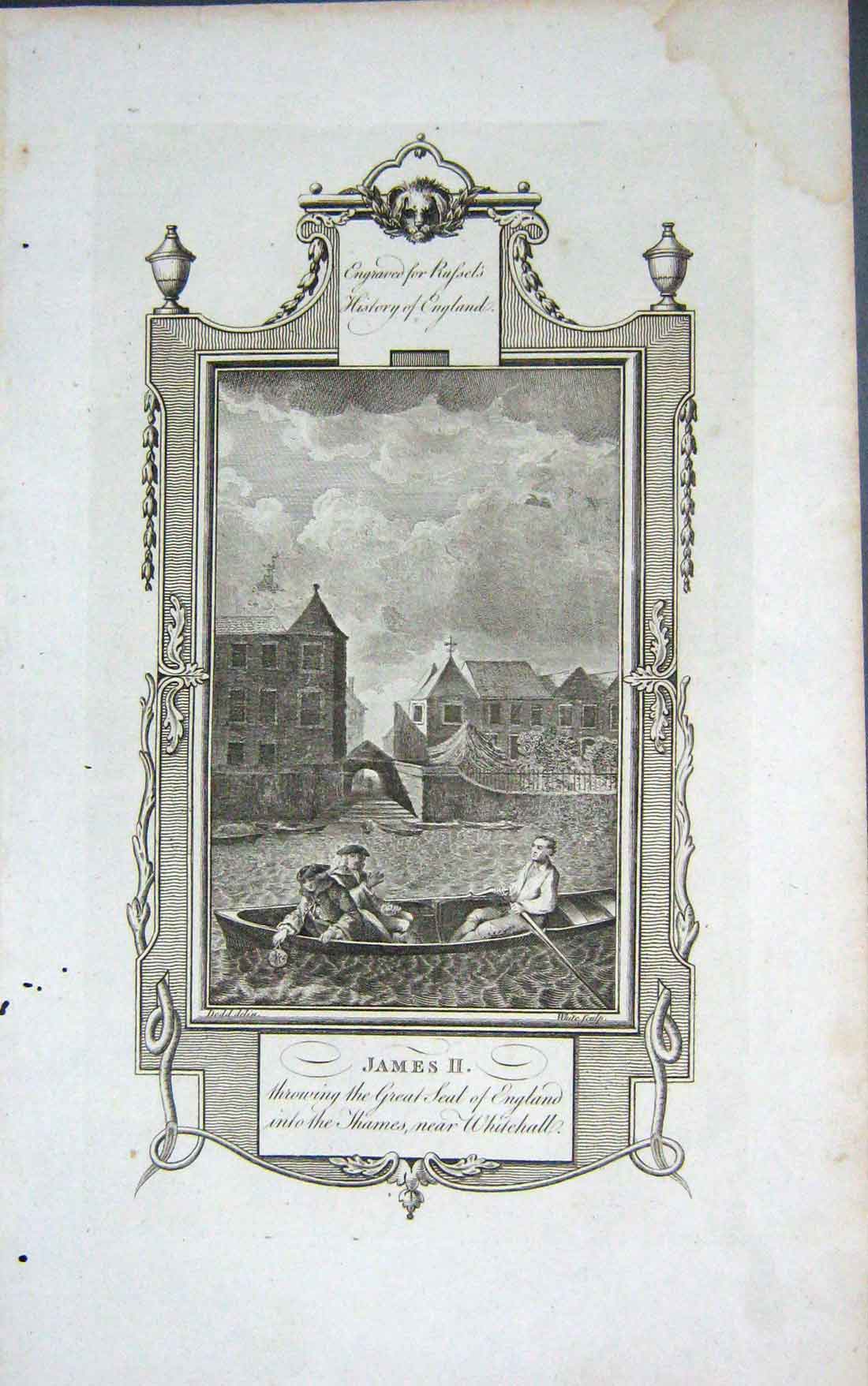 Old Antique Print King James Ii Great Seal England River Thames Whitehall
