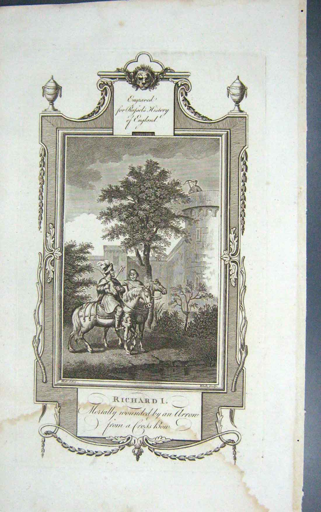 Original Old Antique Print Scene King Richard Mortally Wounded Arrow Cross Bow