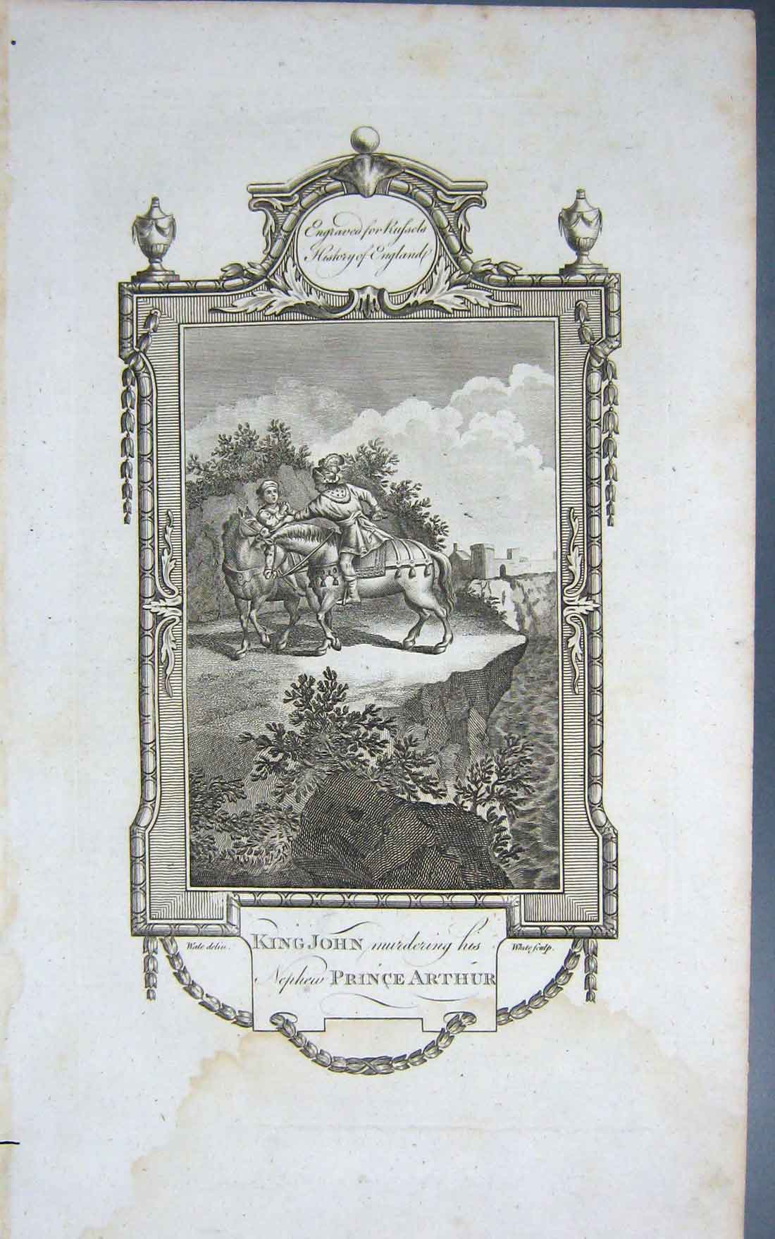 Original Old Antique Print Scene King John Murdering Nephew Prince Arthur
