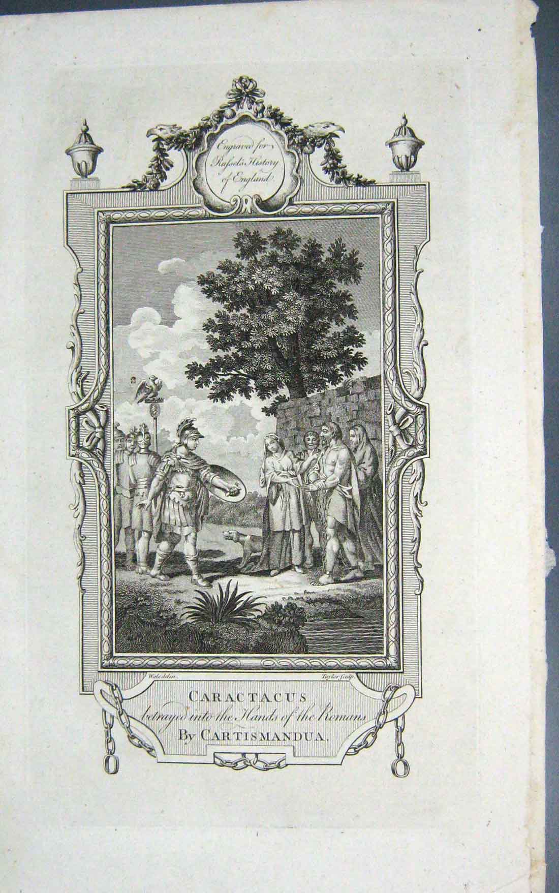 Original Old Antique Print Caractacus Betrayed Hands Romans Cartismandua