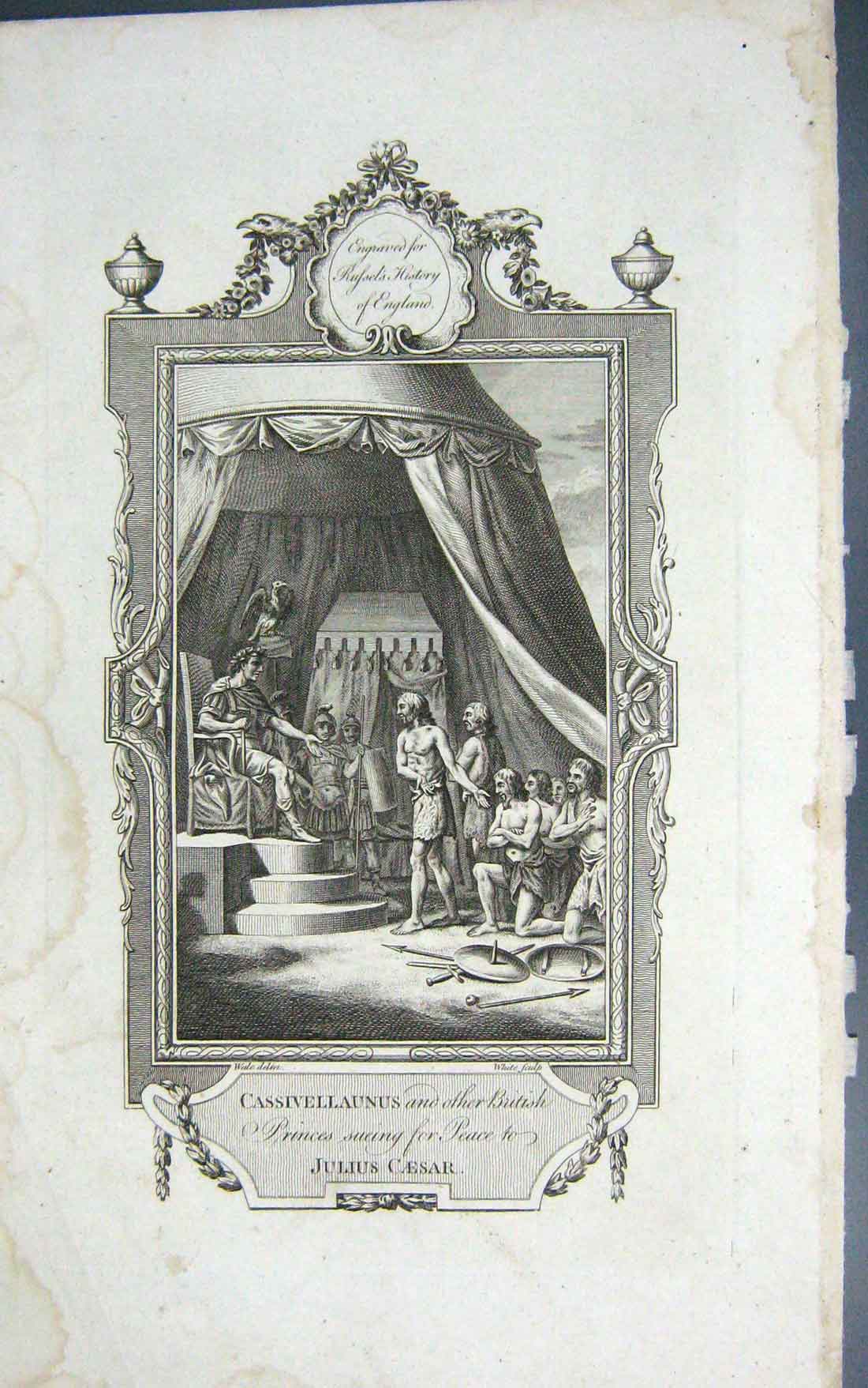 Original Old Antique Print Cassivellanus British Princes Peace Julius Caesar