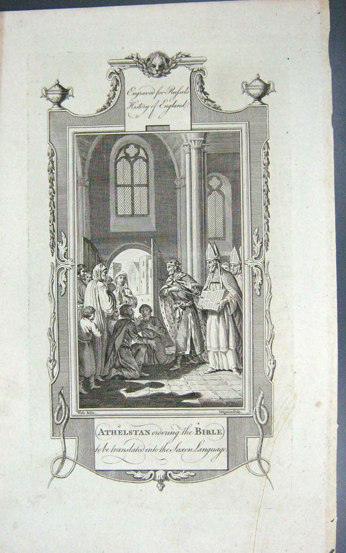Original Old Antique Print Athlstan Bible Saxon Language Russels Engraving