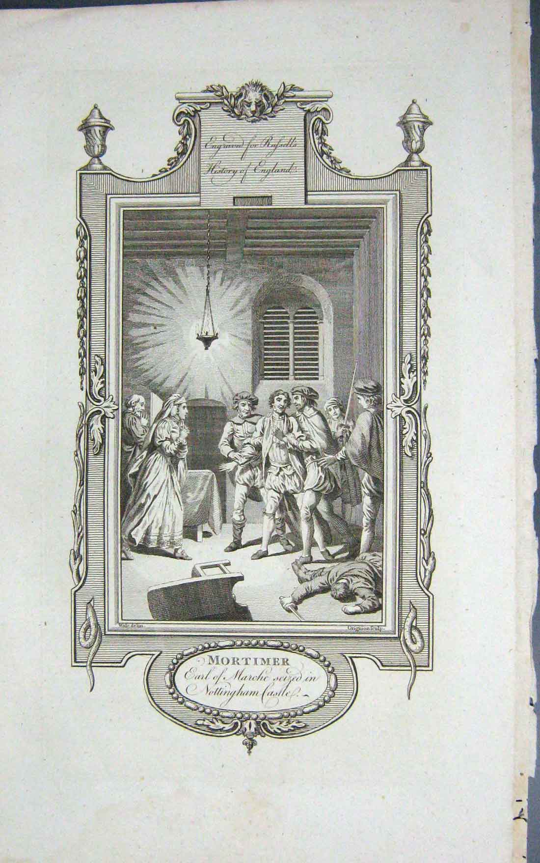 Original Old Antique Print Scene Mortimer Earl Marche Siezed Nottingham Castle