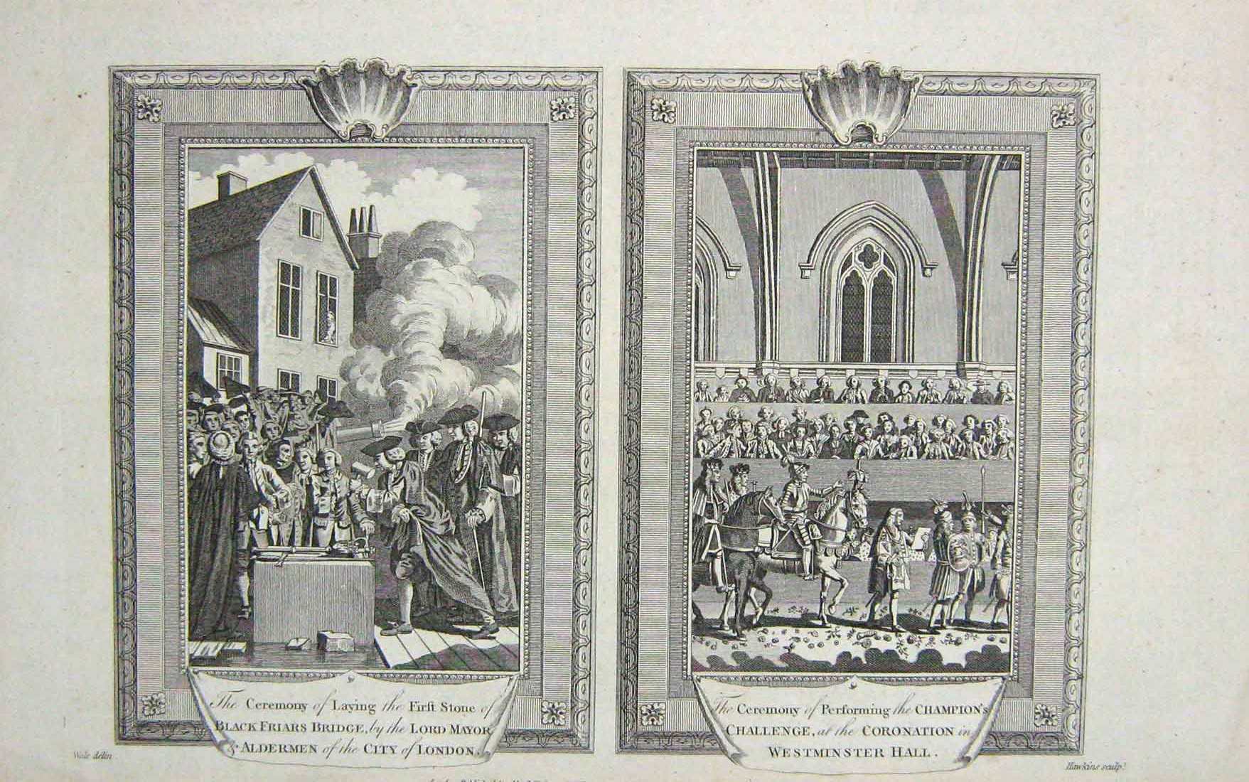 Old Antique Print Ceremony Blackfriars Bridge London Westminster Aldermen