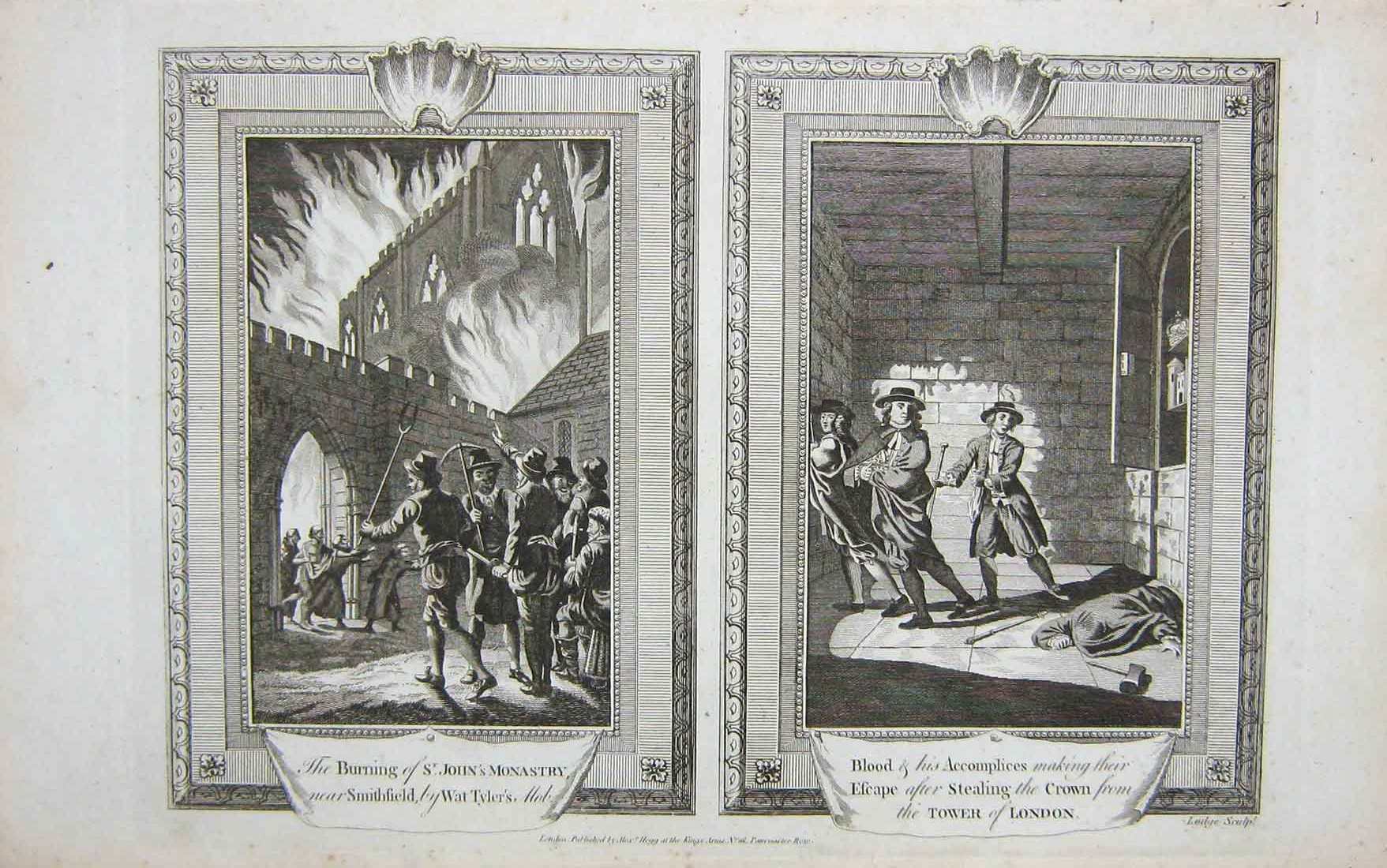 Original Old Antique Print Fire John'S Monastery Wat Tyler Crown Tower London