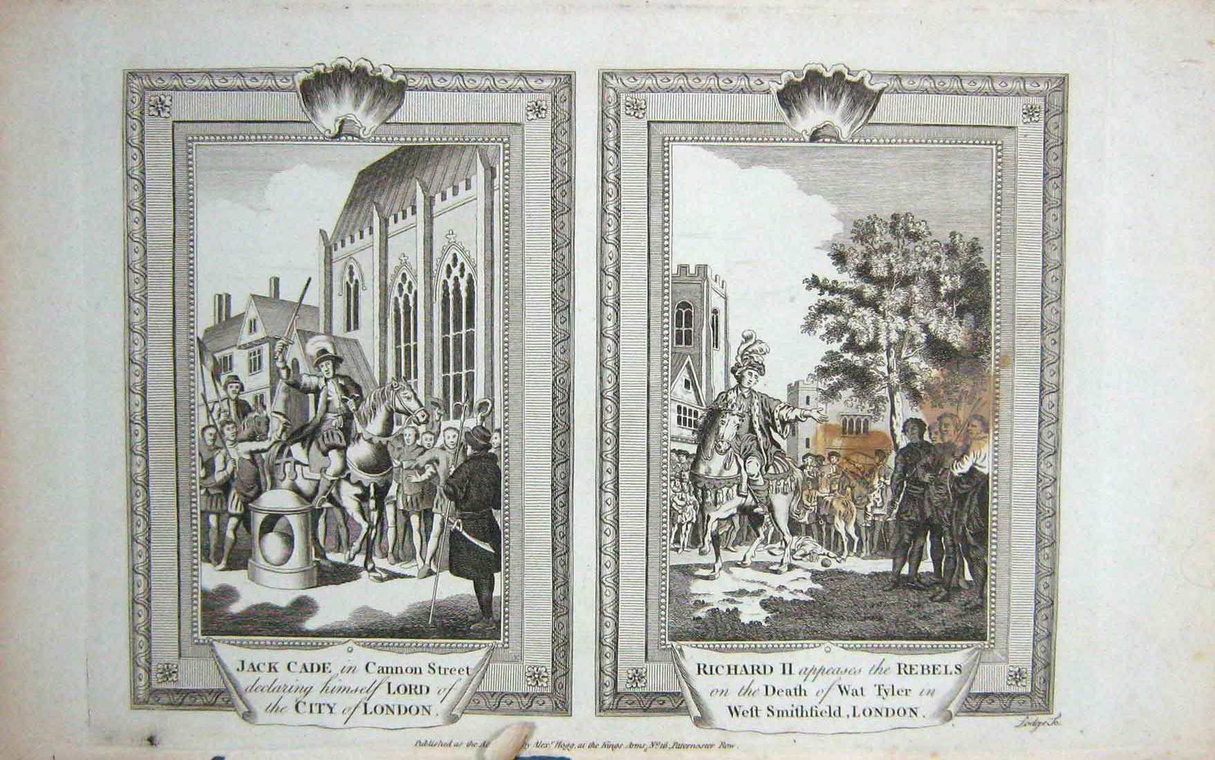 Original Old Antique Print Jack Cade Cannon Street London Wat Tyler Death