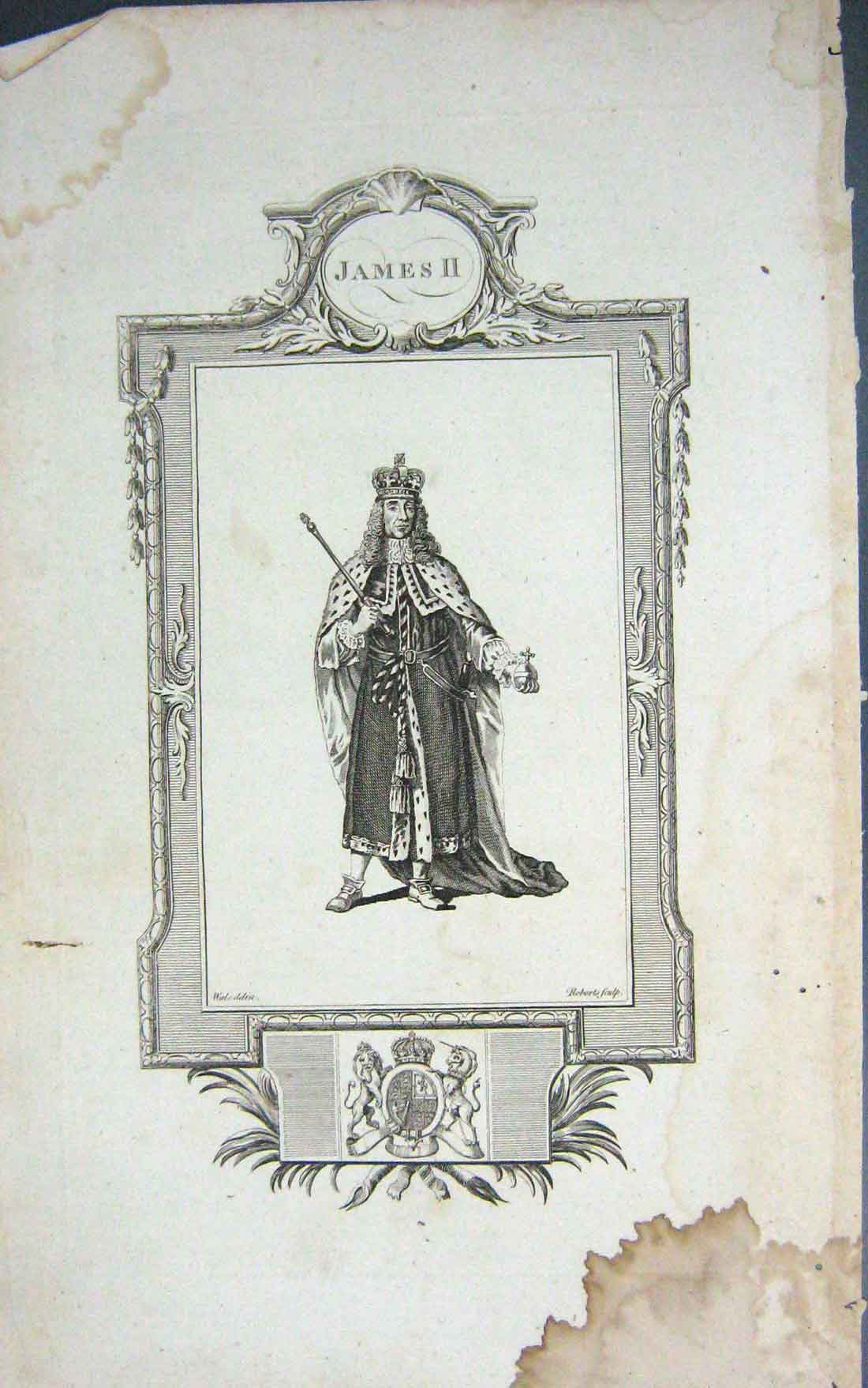 Original Old Antique Print Engraving Portrait King James Ii Royalty