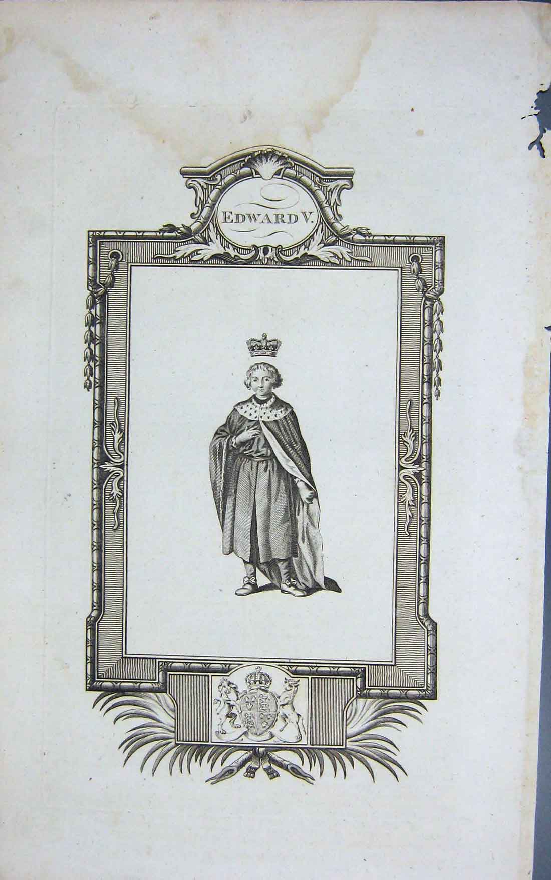 Original Old Antique Print Engraving Portrait King Edward V Royalty
