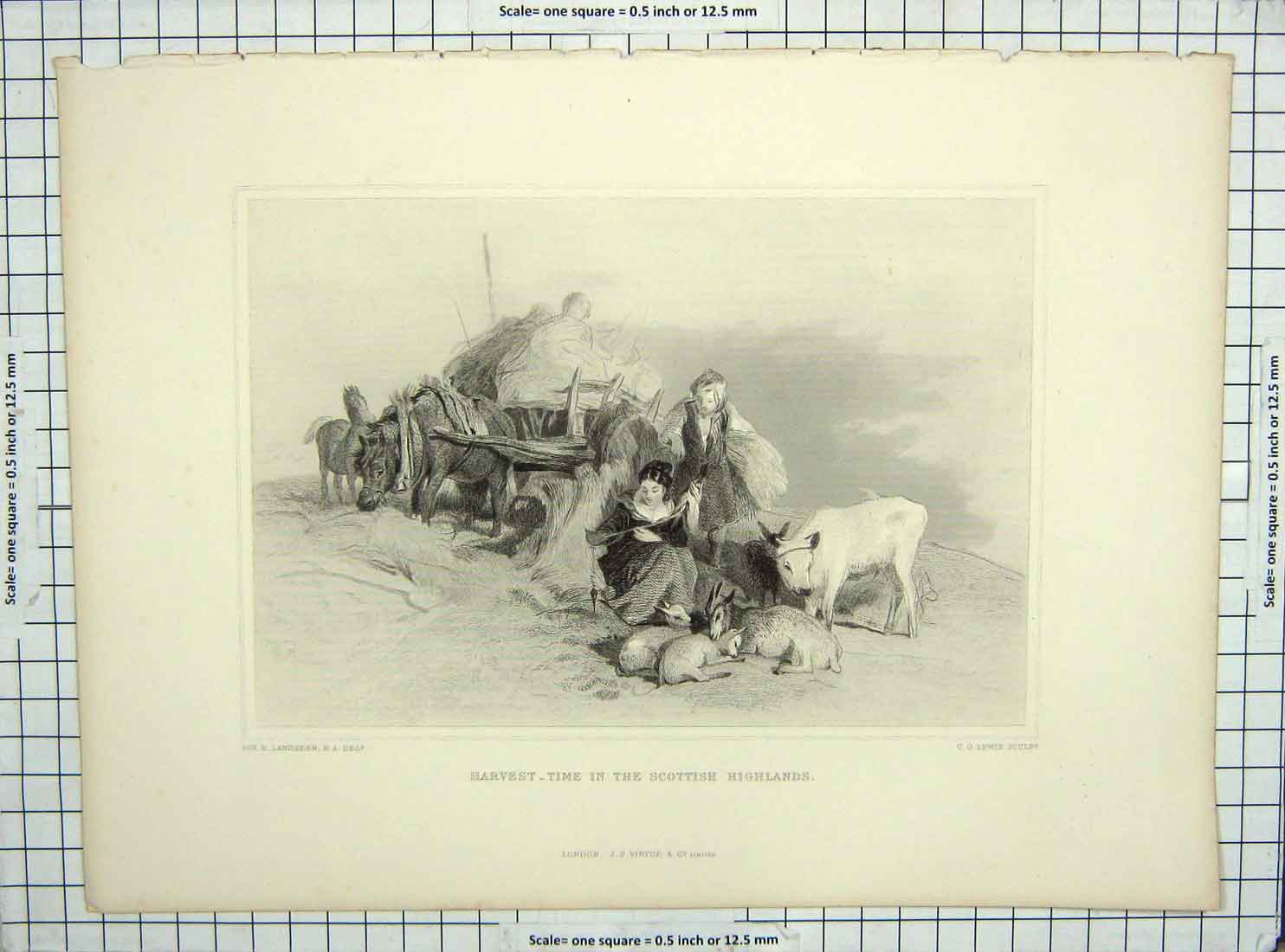 Old Antique Print Harvest Time Scottish Highlands Farming Landseer Lewis