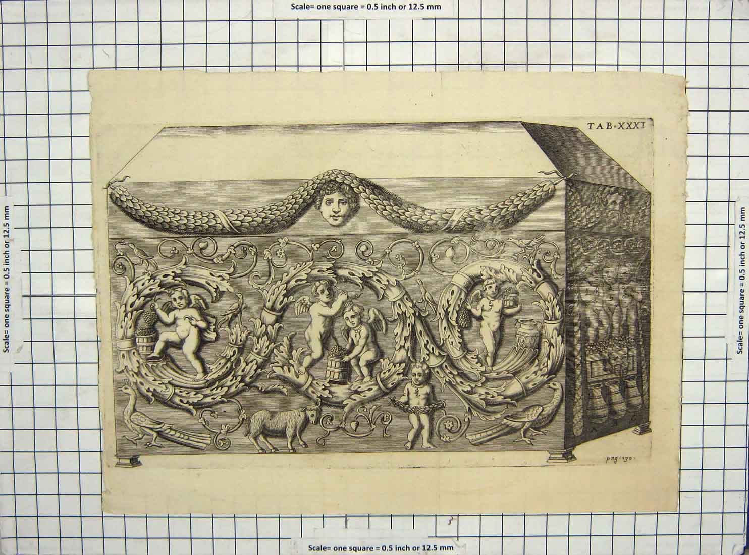 Original Old Antique Print Tapestry Cherubs Patterns Animals