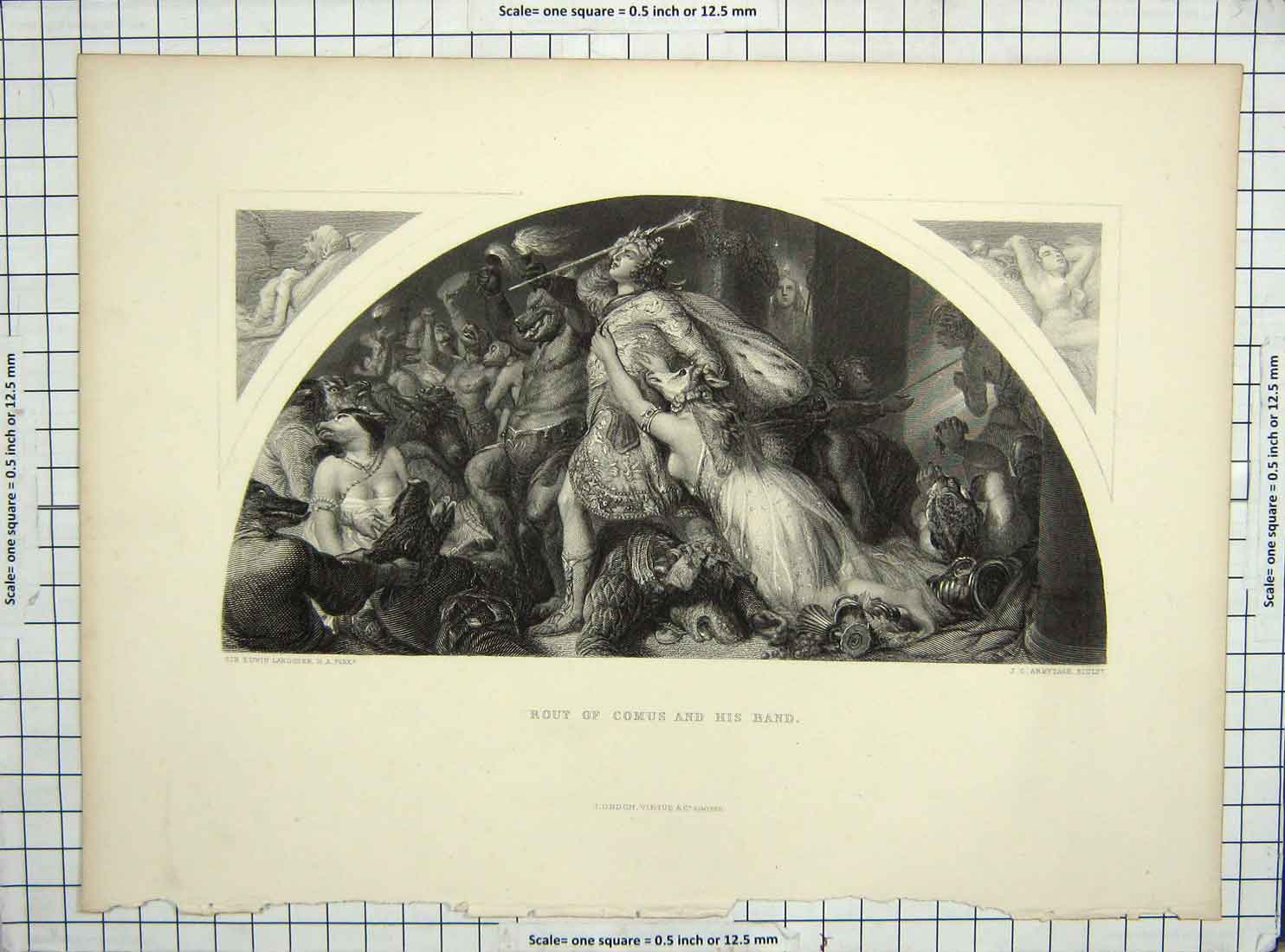 Original Old Antique Print Landseer Engraving Armytage Rout Comus Band