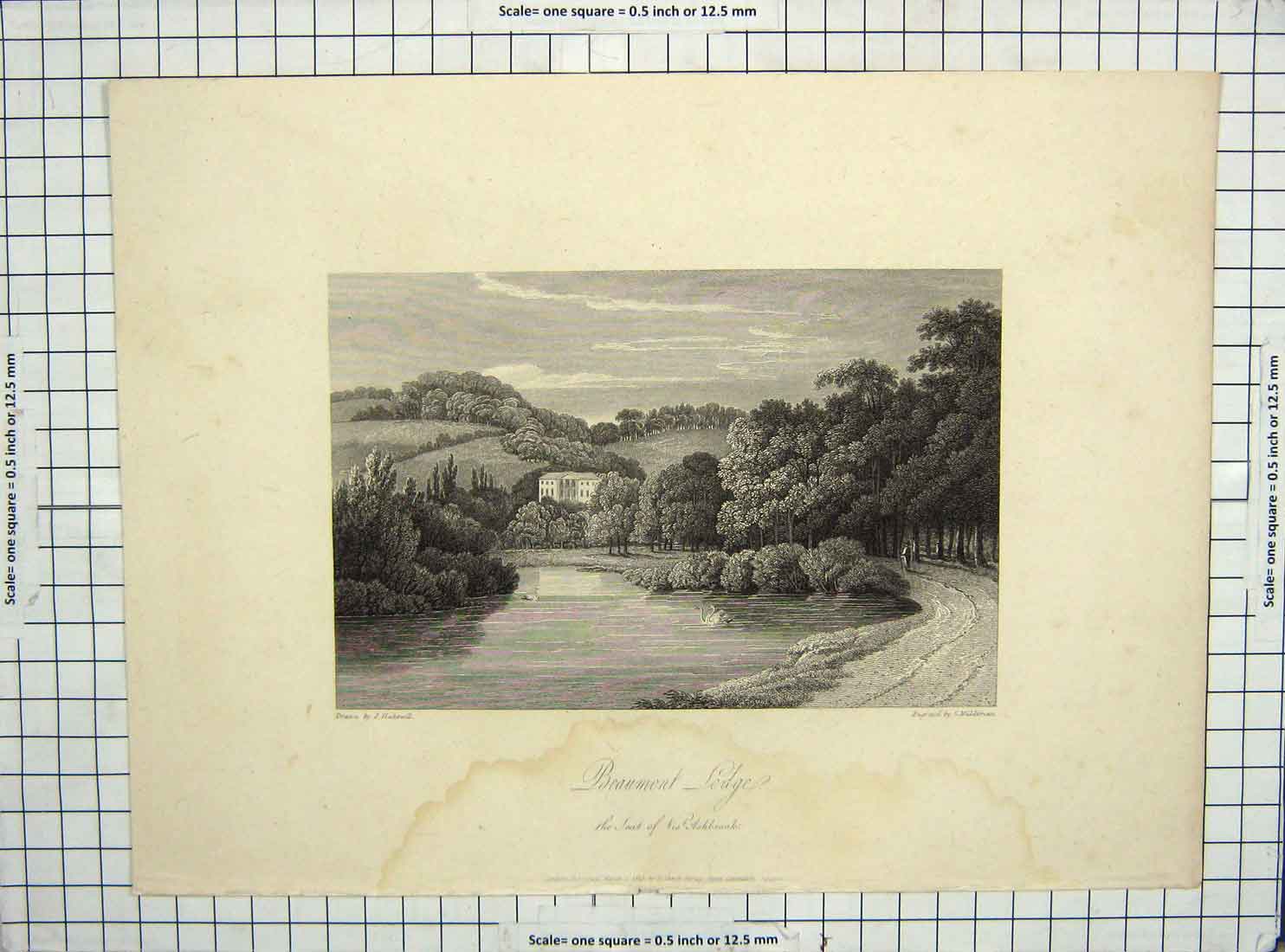 Old Antique Print 1813 View Beaumont Lodge Lake Swans Ashbrook Middiman 19th