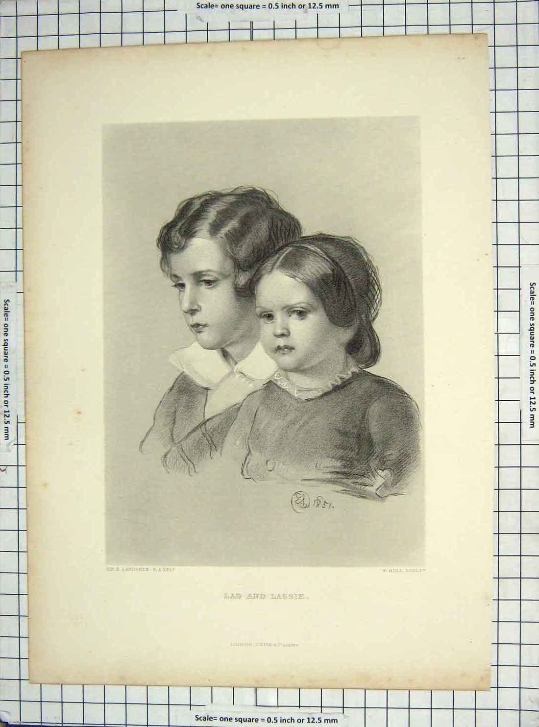 Original Old Antique Print Landseer Engraving Lad Lassie Little Boy Girl 1851
