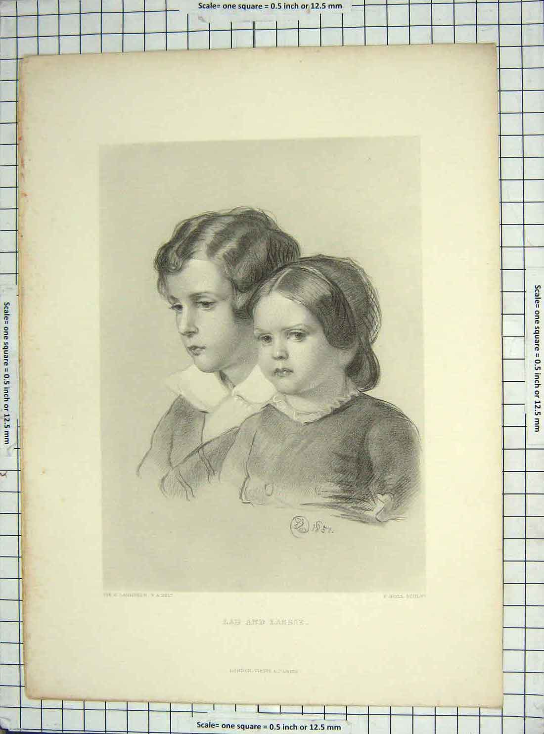 Original Old Antique Print Landseer Engraving Lad Lassie Little Girl Boy Holl