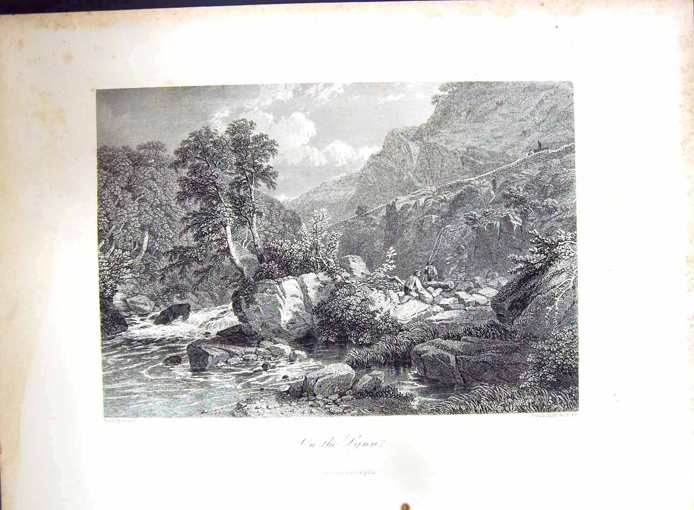 Original Old Antique Print Cook Godfrey Engraving River Lynn Mountains Trees