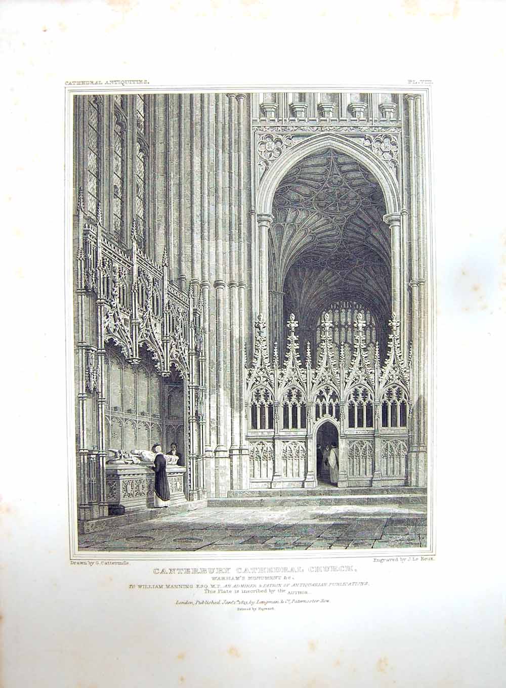 Old Antique Print 1823 Canterbury Cathedral Church Warham Keux Cattermole 19th